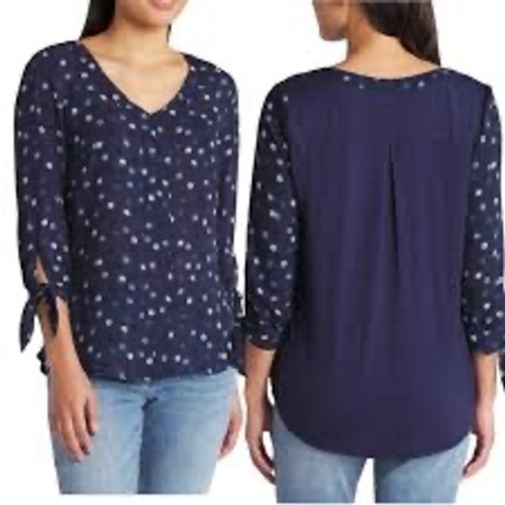 FORTUNE+IVY‎ Navy Polka Dot V Neck Tie Sleeve Blouse Plus Size XXL